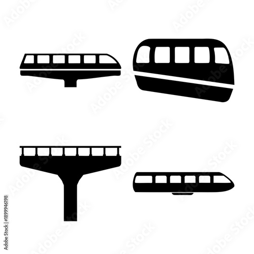 Modern public transport icons set showing monorail, passenger train, and elevated track support