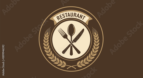 Restaurant Emblem with Cutlery and Laurel Wreath.