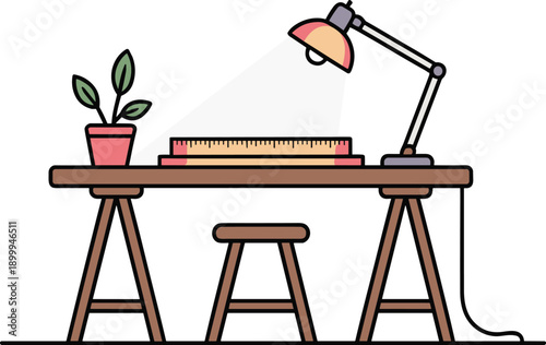 Cozy creative workspace illustration featuring wooden desk stool ruler lamp and plant minimal flat vector design for home office studio interior decor