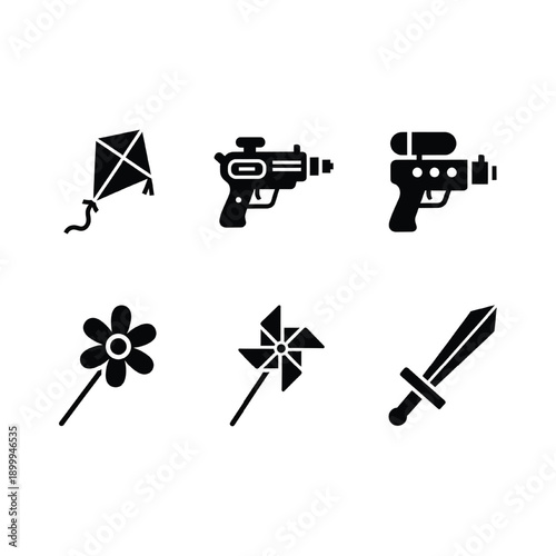 Icons black set with various objects including toys and weapons featuring simple, flat design, kite with gun and camera elements for flower, pinwheel projects, clean composition on simple background