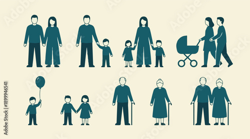 Vector illustration of family generations and life stages flat icons