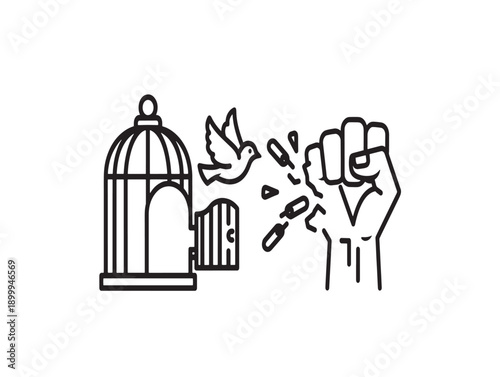 Freedom concept with bird and broken cage