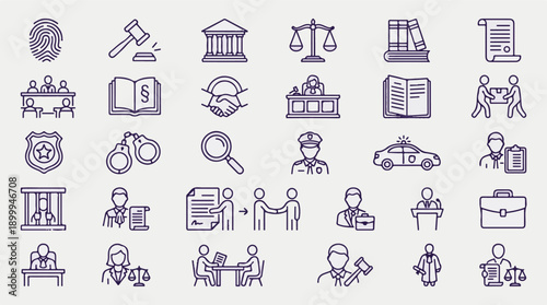 Legal System and Law Enforcement Outline Icons Set