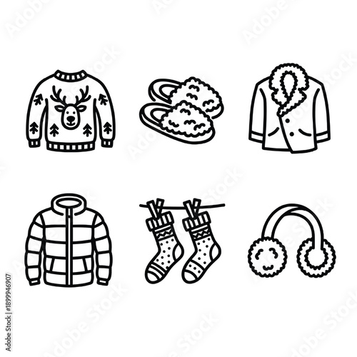 Clothing winter set with sweaters, mittens, and earmuffs for cold weather featuring jackets, socks, christmas with holidays and fashion elements for accessories, hand drawn projects, clean