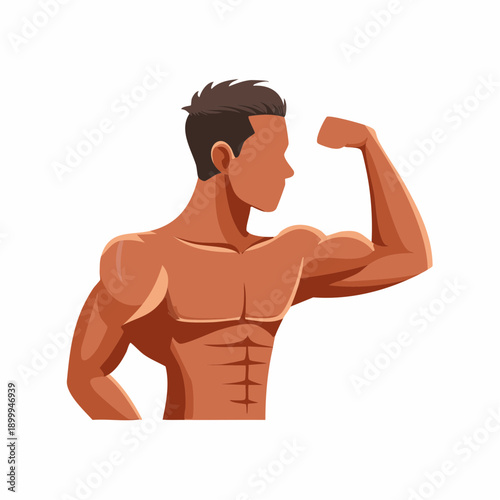 Muscular Man Flexing Bicep Showing Abdominal Muscles Bodybuilding Fitness Concept Athletic Physique Tan Skin Dark Hair Side View Isolated on White Background Dynamic Pose Strong Healthy Lifestyle