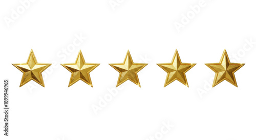 five opulent metallic gold stars, horizontally aligned on transparent background with copy space, shot top-down under bright studio lighting. concept of premium quality and excellence rating