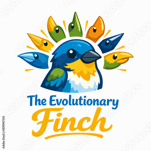 Bright and colorful logo of an evolutionary finch with vivid feathers, symbolizing creativity, adaptation, discovery, and innovation inspired by nature’s endless evolution and imaginative diversity