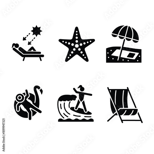 Summer activities icon set with beach relaxation, ocean waves, starfish, and sun vector elements, featuring surfing and sunbathing on lounge chairs in a flat black style on white background