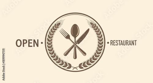 Restaurant Open Sign with Cutlery and Wheat Emblem.