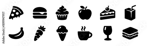 A comprehensive set of 12 minimalist black food and beverage icons, perfect for restaurant menus, websites, and user interface design.