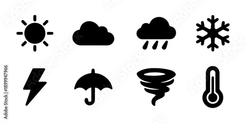 A comprehensive set of flat black weather icons, including sun, rain, and storm symbols, perfect for forecast apps and meteorological designs.