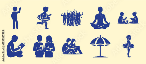 Diverse Human Activities Collection, Flat Design Icons: People Relaxing, Playing, Exercising, and Socializing Vector Illustration