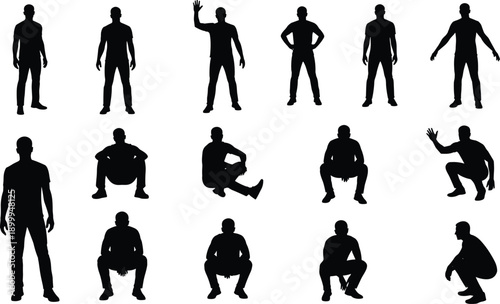 Man silhouette poses collection with standing sitting squatting gestures, male human black vector illustration isolated set