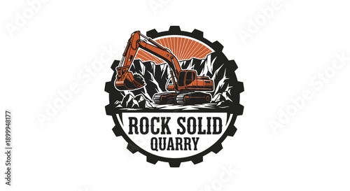 Rock Solid Quarry logo with excavator and mountains in a gear shape.