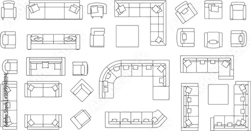 Sofa furniture top view illustration set, living room couch layouts, interior design blueprint, outline vector collection