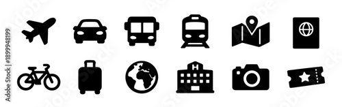 Set of 12 black minimalist travel icons including plane, car, bus, train, map, passport, bike, luggage, globe, hotel, camera, and ticket.