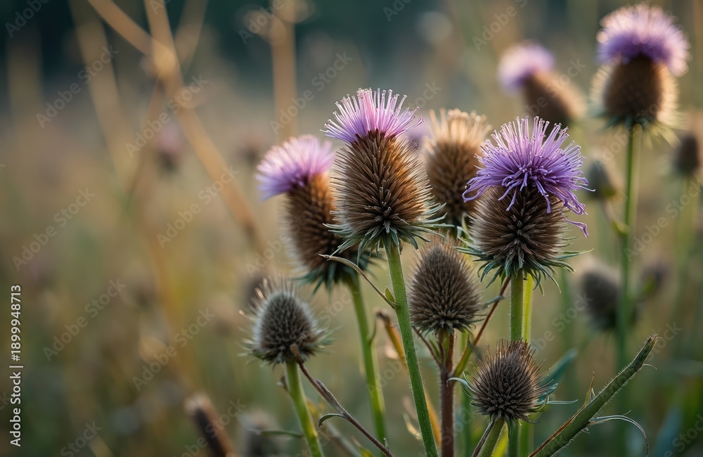 Obraz premium Wild teasel flowers bloom in field during autumn sunset light. Spiky brown seed heads contrast purple blossom petals. Nature detail on meadow grass.