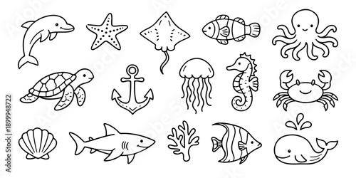 Set of cute sea creature line art icons featuring a dolphin, shark, turtle, and more. Ideal for coloring pages, stickers, and educational projects.