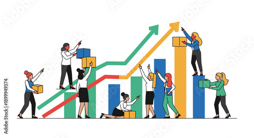 Businesswomen Team Building Growth Graph: Collaboration and Strategy for Financial Success, Performance Improvement, and Goal Achievement