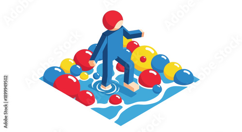 Isometric Abstract Man Stepping Through Water and Colorful Spheres. Navigating Risk and Complexity Challenge Illustration.