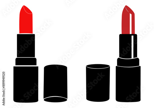 Illustration of two red lipsticks in black tubes with caps off on a white background.