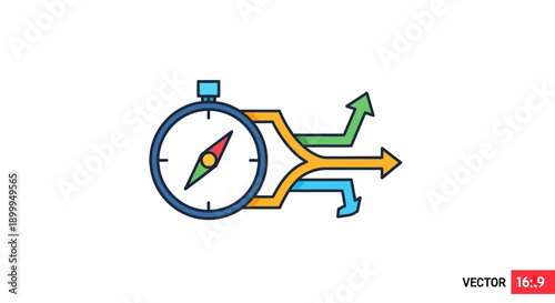 Navigation and Strategy Icon. Compass Guiding Multiple Diverging Paths. Decision Making, Options, and Future Direction Vector Illustration.