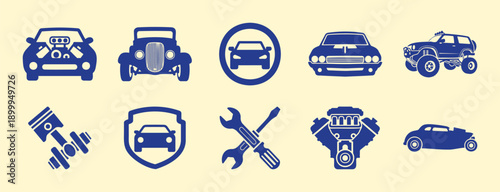 Car Icons Set: Vintage & Modern Vehicles, Engine, Tools Vector Illustration