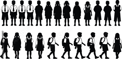 Black and White School Children Silhouette Vector Collection Featuring Students in Uniform with Backpacks Walking and Standing Isolated on White