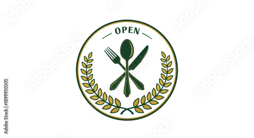 Restaurant open sign with cutlery and olive branches.