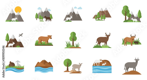 Wildlife across the world on a sunny day in mountains and rivers illustrations