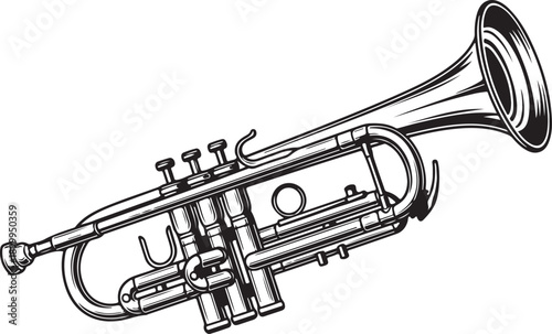Detailed black and white trumpet line art illustration isolated on white background for music education, Black and white line art illustration of a classical trumpet music instrument