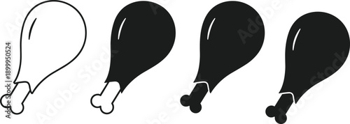 Chicken drumstick silhouette icon collection featuring outlined and solid variations with glossy highlights for food, meat, cooking, restaurant, fast food, and design projects