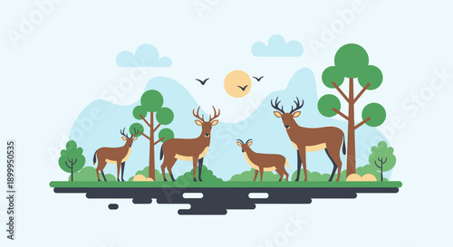 Wildlife thriving in the world on a sunny day surrounded by trees and deer roaming free