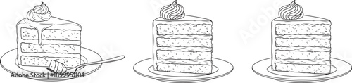 Slice of Layer Cake Dessert line art Black and White Illustration Set. tiramisu Slice of Layer Cake Dessert line art