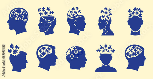 Silhouette Heads with Jigsaw Puzzle Pieces Completing Brain, Mental Health Concept Vector Illustration