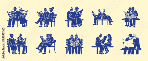 Diverse People Reading Newspapers on Benches Vector Illustration, Flat Design for News and Information Concepts
