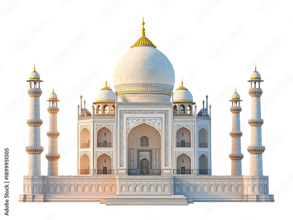 Fototapeta premium Taj Mahal monument with detailed facade and minarets isolated on a transparent background