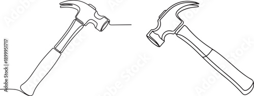Hammer Tool Line Art Illustration – Black and White Outline Drawing, Continuous line art of hammer with dynamic motion.