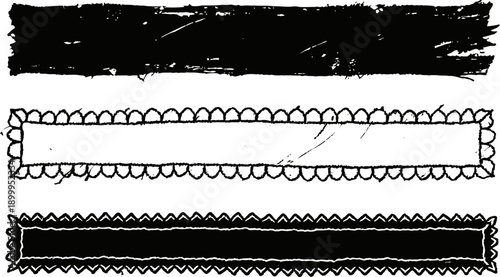 Hand drawn horizontal frames and decorative borders with brushes and scalloped edges in black and white