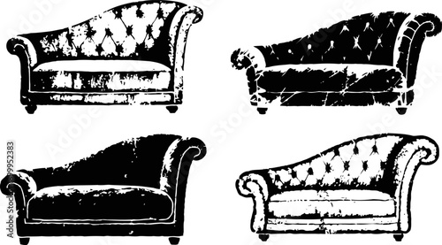 Vintage classic chesterfield sofas set in black and white sketch style, elegant furniture designs