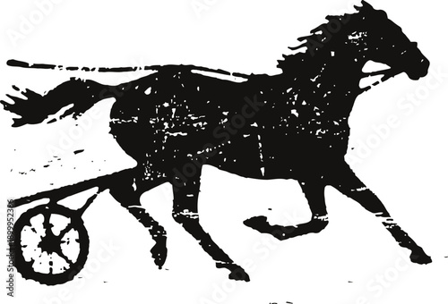Silhouette of harness race horse with sulky cart running fast in racing motion