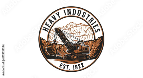 Vintage Heavy Industries Logo with Excavator and Mountains.