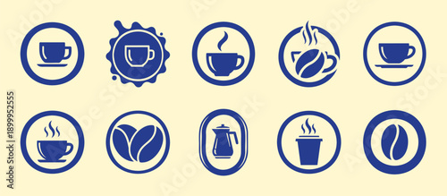 Coffee Icons Set: Cups, Beans, and Pots for Cafe & Beverage Design - Flat Vector Illustration