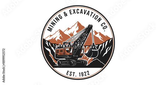 Vintage Mining Excavation Company Emblem with Mountains and Machinery.