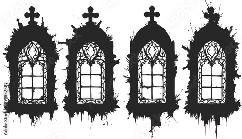 Gothic window silhouettes with ornate cross designs and splattered ink effect background