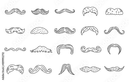 Men moustache set in outline line art featuring masculine facial hair fashion vintage retro classic shapes male appearance for your designs projects