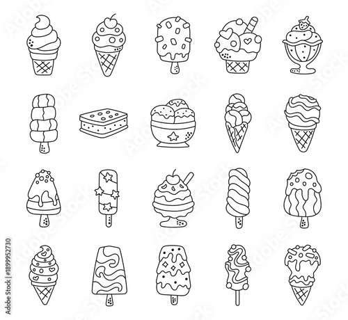 Ice cream set in outline line art featuring dessert assortment perfect creative projects showcasing cones bars snacks treats dairy cafe