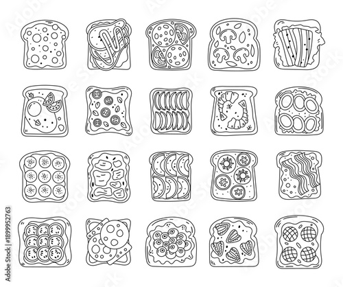 Breakfast toast set outline line art featuring assorted sandwich toppings ingredients cuisine meal bread slices fruits vegetables meat seafood dairy