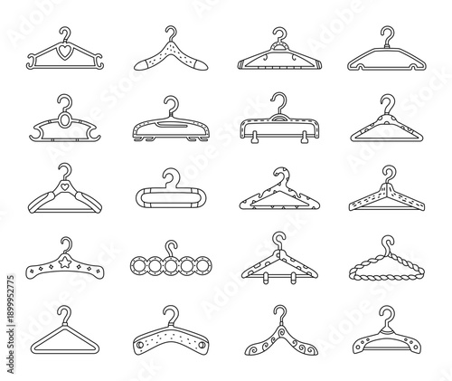 Wardrobe hanger set in outline line art assortment featuring wooden plastic metal clothes storage organization laundry closet retail display household utility