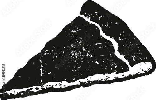 Vintage monochrome illustration of a single slice of pizza with visible crust and topping texture
